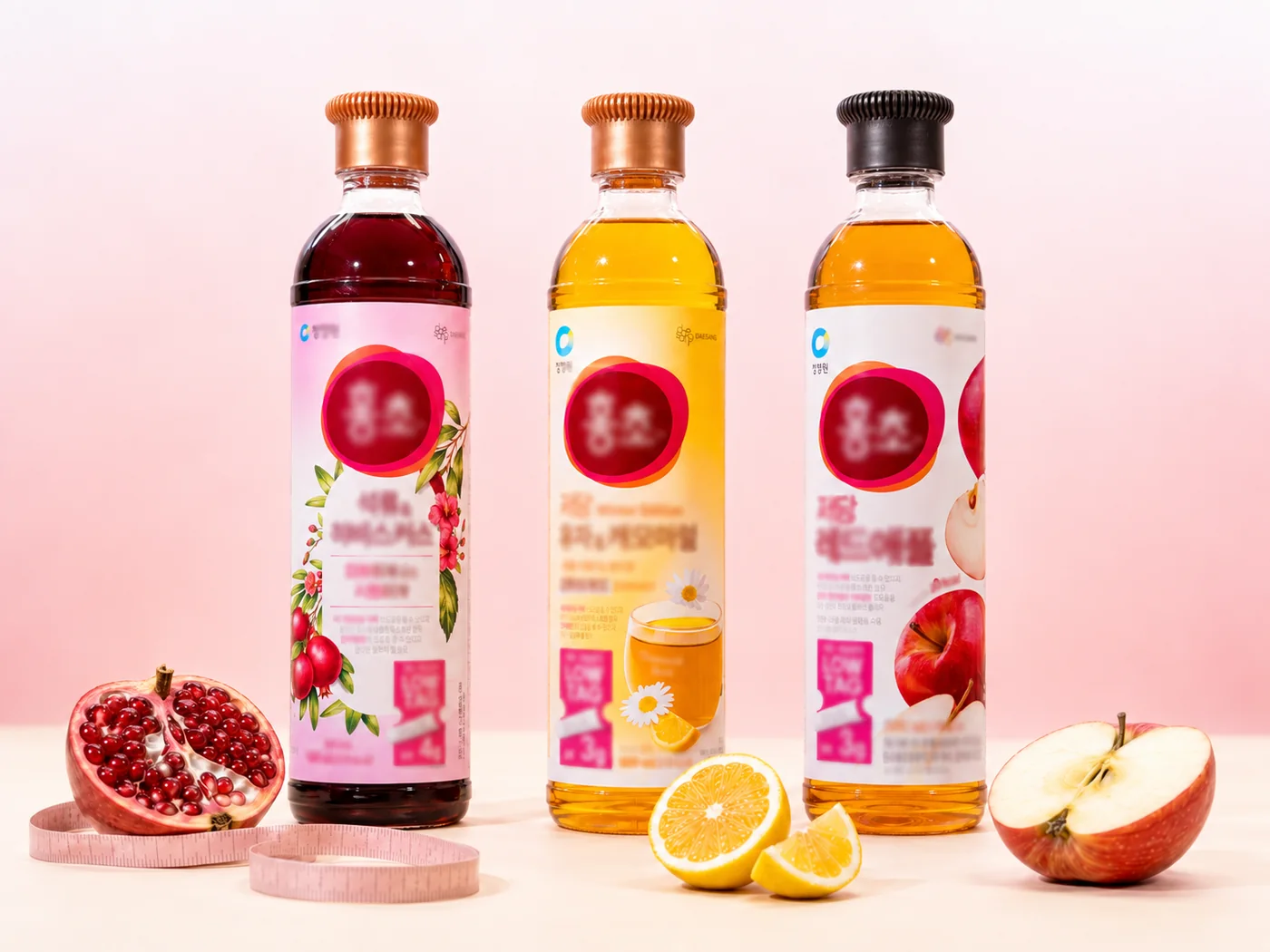 Ba chai Hongcho dòng giảm đường xếp cạnh nhau, nhãn có vòng tròn đỏ chữ 홍초