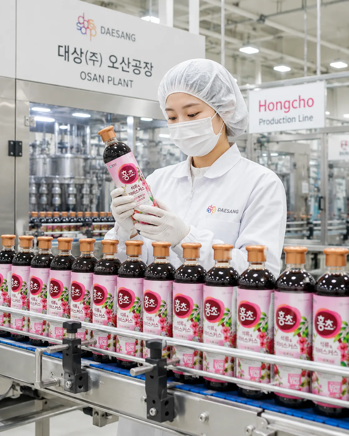 Dây chuyền đóng chai Hongcho tại nhà máy Osan của Daesang, biển hiệu ghi Osan Plant.