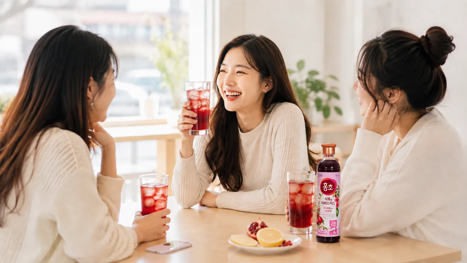 Chai Hongcho vị lựu trên bàn cùng ly nước đã pha có đá, nửa quả lựu và lát chanh tươi