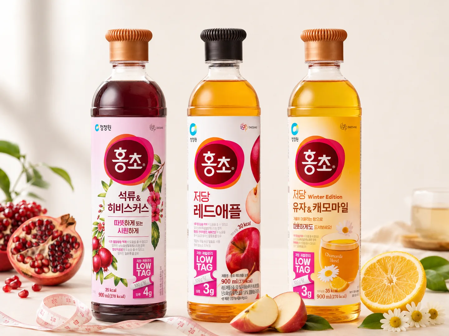 Ba chai Hongcho đứng cạnh táo, lựu và chanh tươi